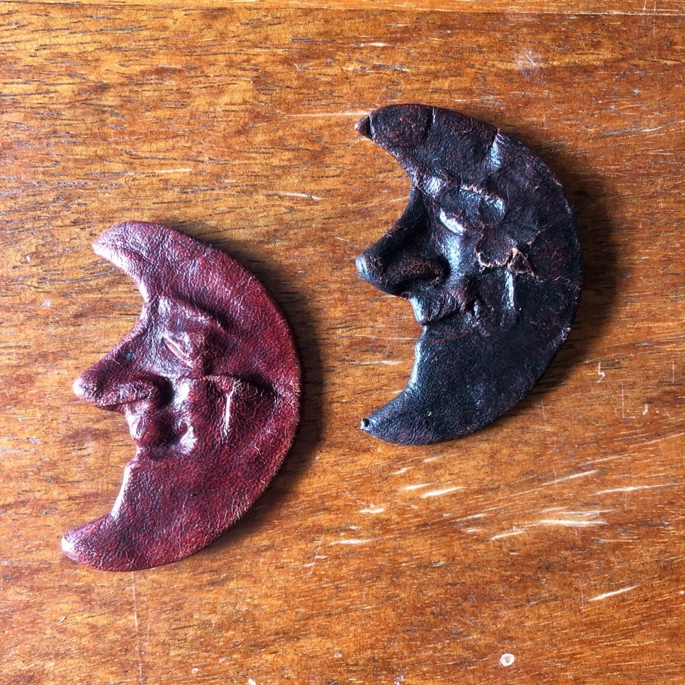 Leather Crescent Moons with Smiling Faces Brooch Pins, set of 2